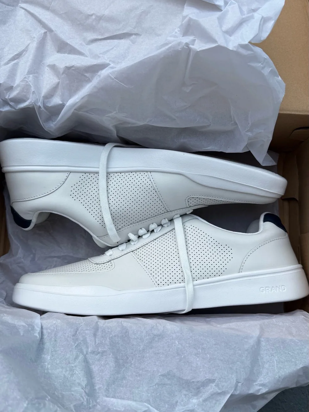 Cole Haan White Leather Perforated Men’s Sneakers with Navy Accents